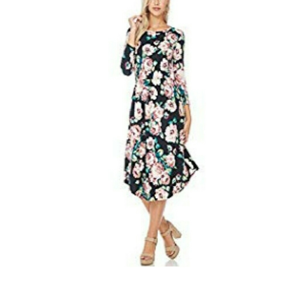 Floral Midi Dress - Black and Mauve